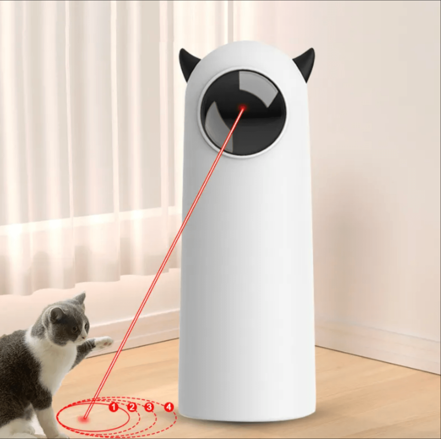 Cat chasing Hugssnpaws Automatic Laser Toy light in living room
