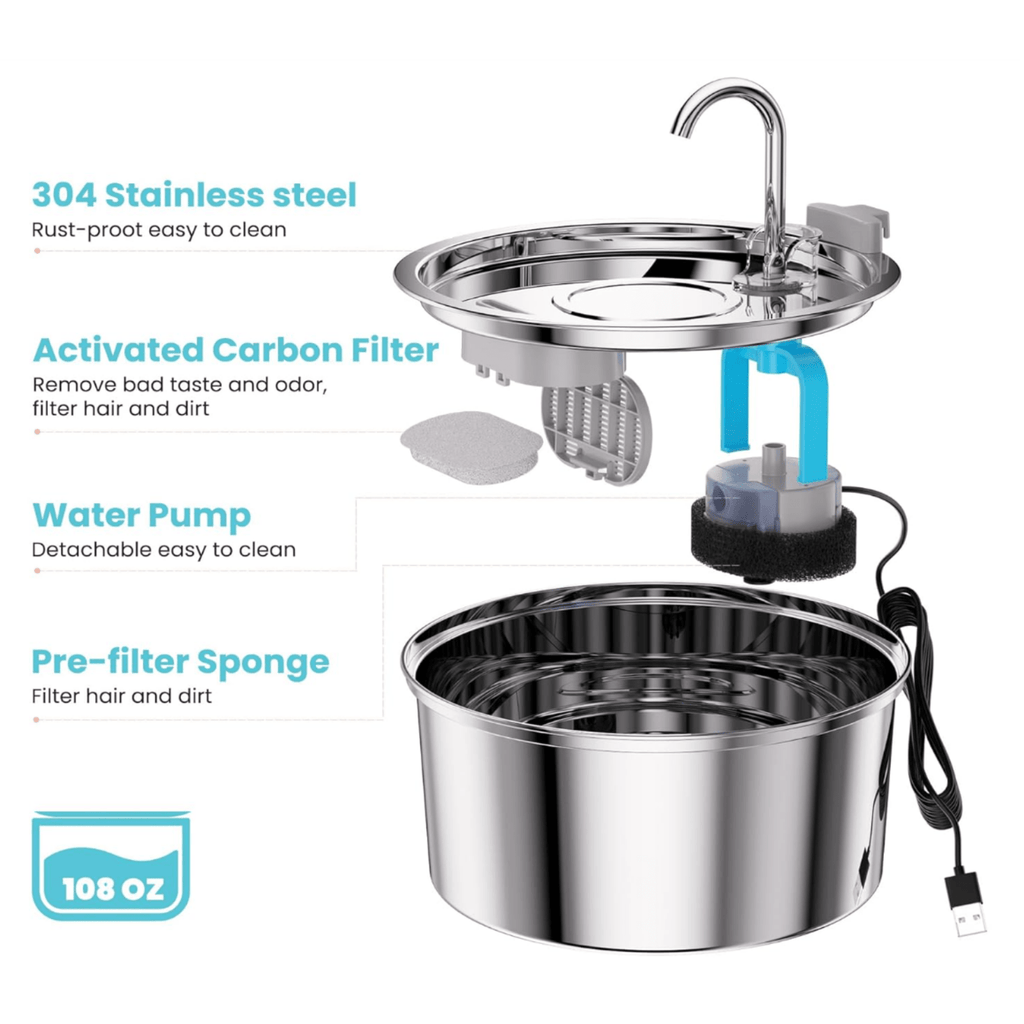 Hugssnpaws Stainless Steel Cat Water Fountain on kitchen counter